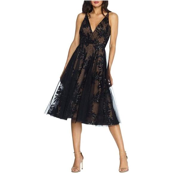 NWT Dress the Population Courtney Sequin Lace Midi Dress Women's Black SZ Small - Picture 1 of 6